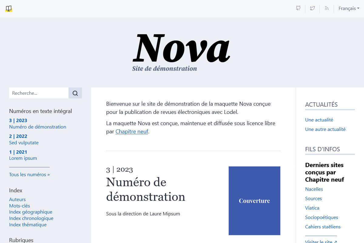 Page d'accueil d'un site utilisant la maquette Nova